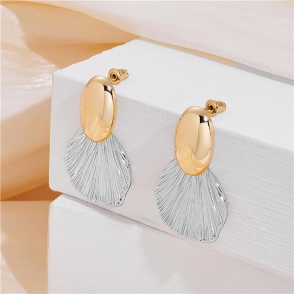 Two-Tone Chunky Earrings | Gold Oval & Silver Fan Shell Dangles - Picture 2 of 6